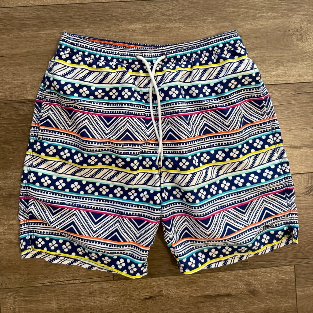 Vineyard Vines Swim Trunks Blue White Geometric Print Drawstring Waist Small